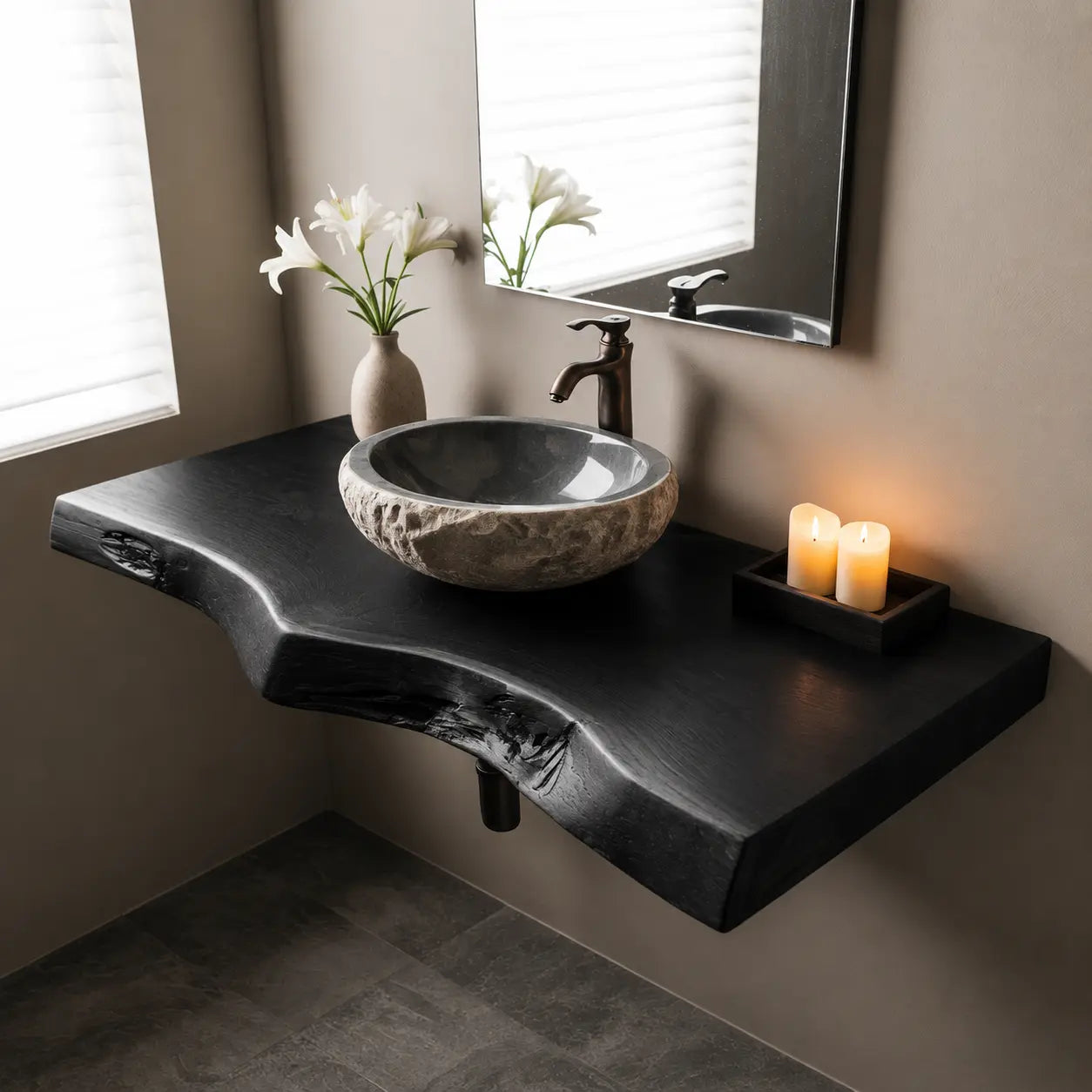 Sapwood Live Edge Vanity Shelf | Two-Tone Solid Wood Floating Bathroom Lynnsnail