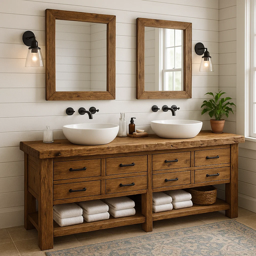 Handcrafted Solid Wood Double Sink Vanity – Rustic Farmhouse Base with 8 Drawers and Open Shelf Lynnsnail