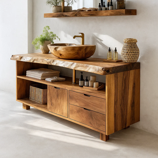 Handcrafted Solid Wood Live-Edge Vanity Base – Organic Modern Bathroom Console with Shelves and Drawers Lynnsnail