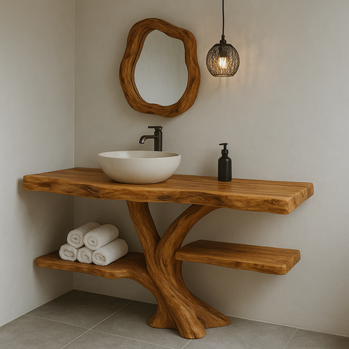 Handcrafted Solid Wood Bathroom Vanity – Natural Live Edge Design with Organic Curved Base Lynnsnail
