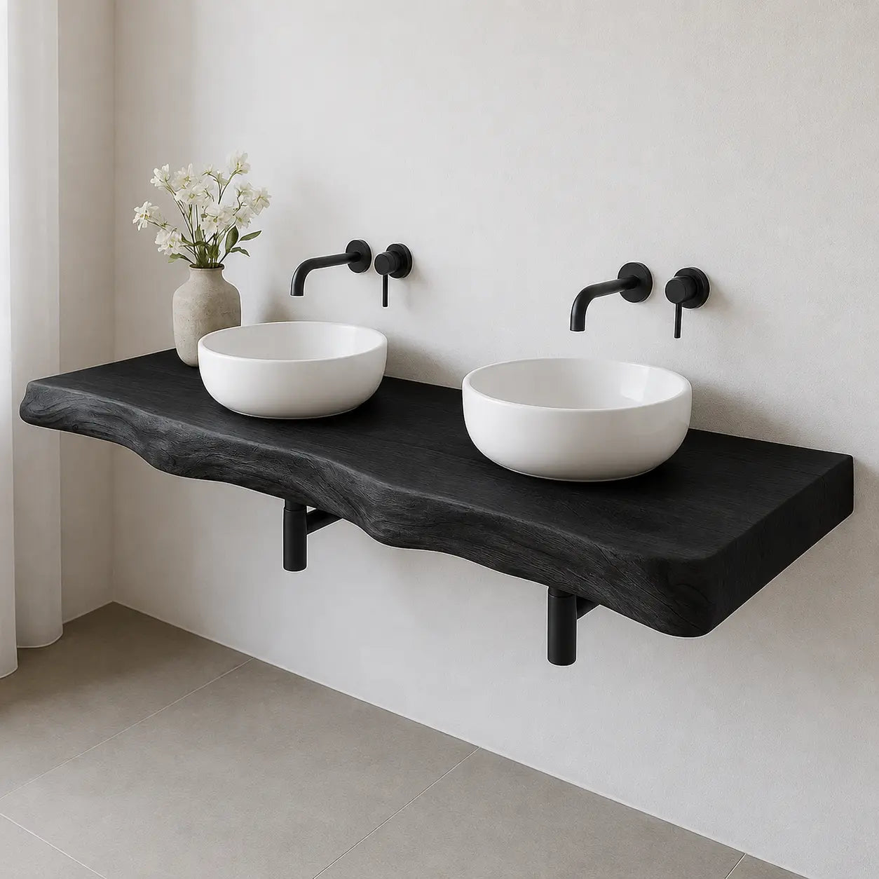 Double Sink Live Edge Vanity Shelf | Solid Wood Floating Bathroom Counter Lynnsnail