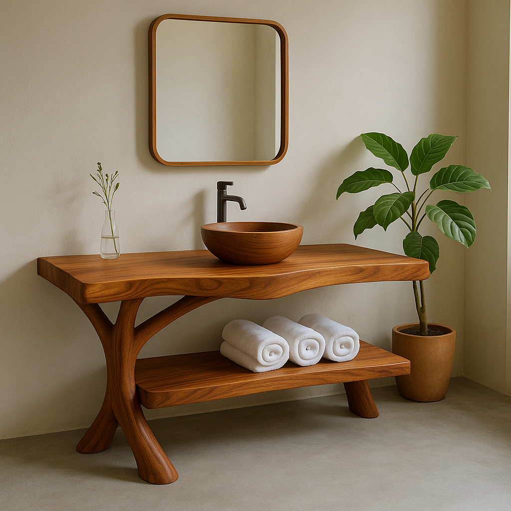 Handcrafted Solid Wood Bathroom Vanity – Organic Curved Design with Shelf for Towels Lynnsnail