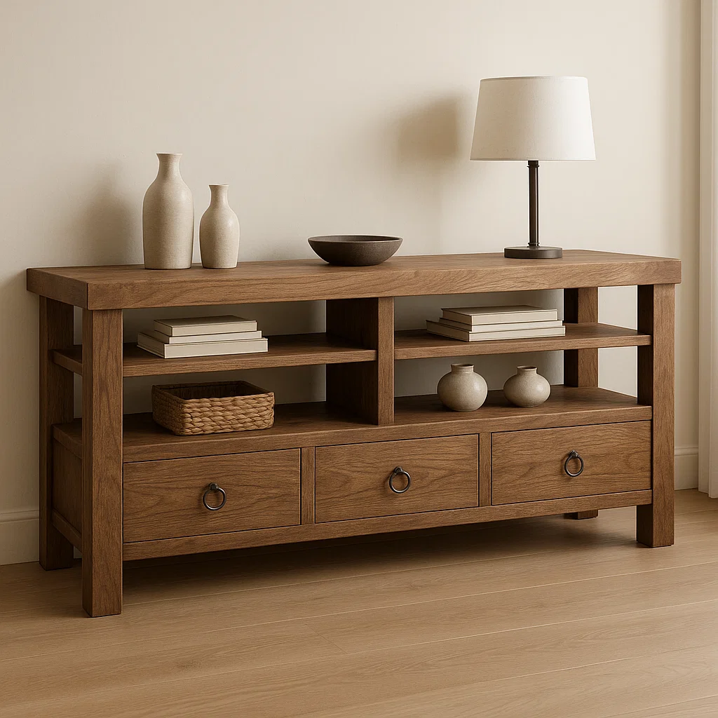 Handcrafted Solid Wood Console Table – Rustic Open Shelf Design with Drawers and Natural Finish Lynnsnail