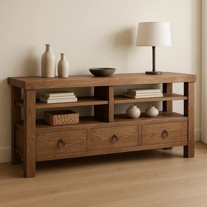 Handcrafted Solid Wood Console Table – Rustic Open Shelf Design with Drawers and Natural Finish Lynnsnail