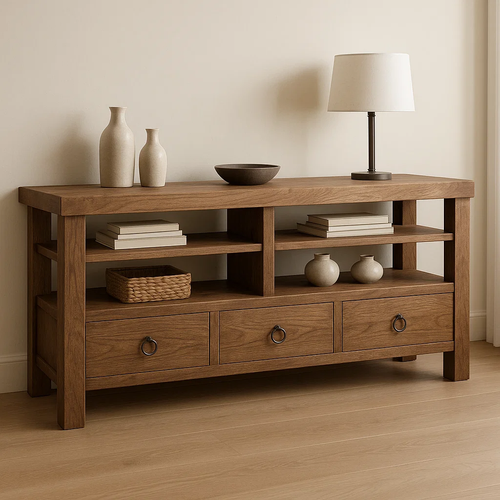 Handcrafted Solid Wood Console Table – Rustic Open Shelf Design with Drawers and Natural Finish Lynnsnail