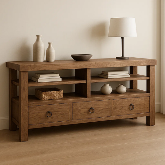 Handcrafted Solid Wood Console Table – Rustic Open Shelf Design with Drawers and Natural Finish Lynnsnail