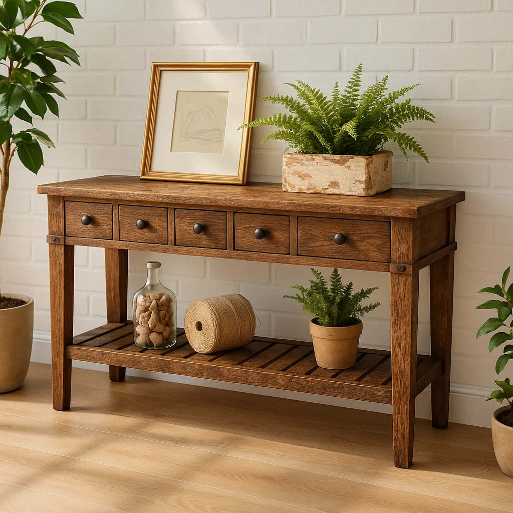 Handcrafted Solid Wood Console Table – Rustic Farmhouse Entryway Table with Drawers and Shelf Lynnsnail