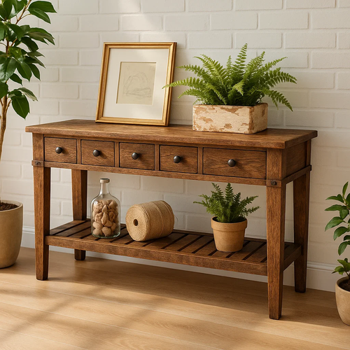 Handcrafted Solid Wood Console Table – Rustic Farmhouse Entryway Table with Drawers and Shelf Lynnsnail