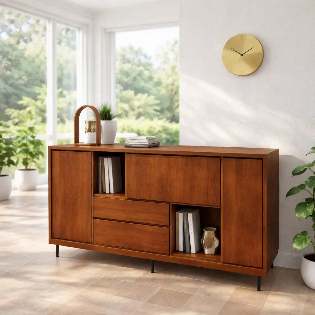 Modern Wood Console Table with Storage Cabinet & Shelves Lynnsnail