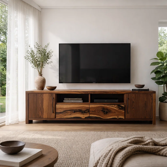 Solid Wood TV Cabinet with Live Edge Drawers – Modern Rustic Media Console