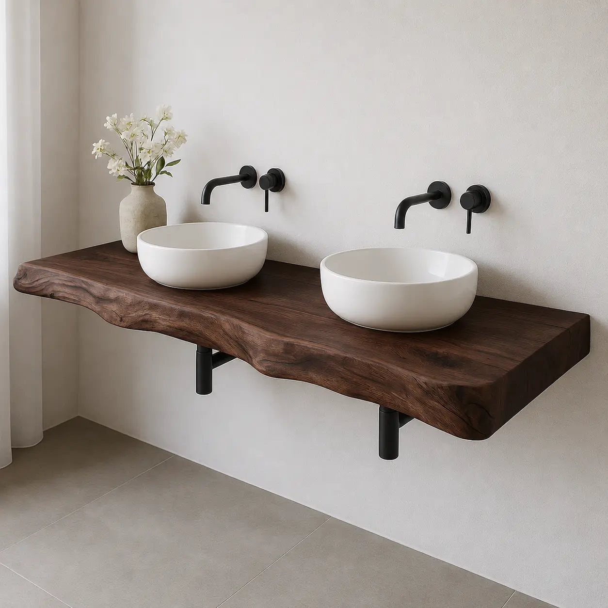 Double Sink Live Edge Vanity Shelf | Solid Wood Floating Bathroom Counter Lynnsnail