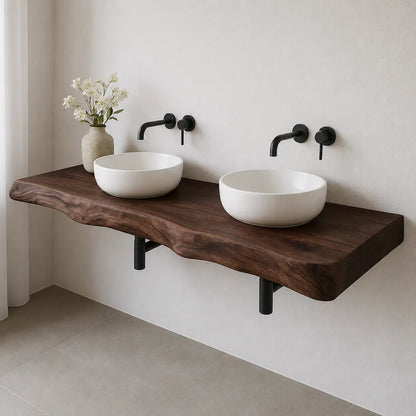 Double Sink Live Edge Vanity Shelf | Solid Wood Floating Bathroom Counter Lynnsnail