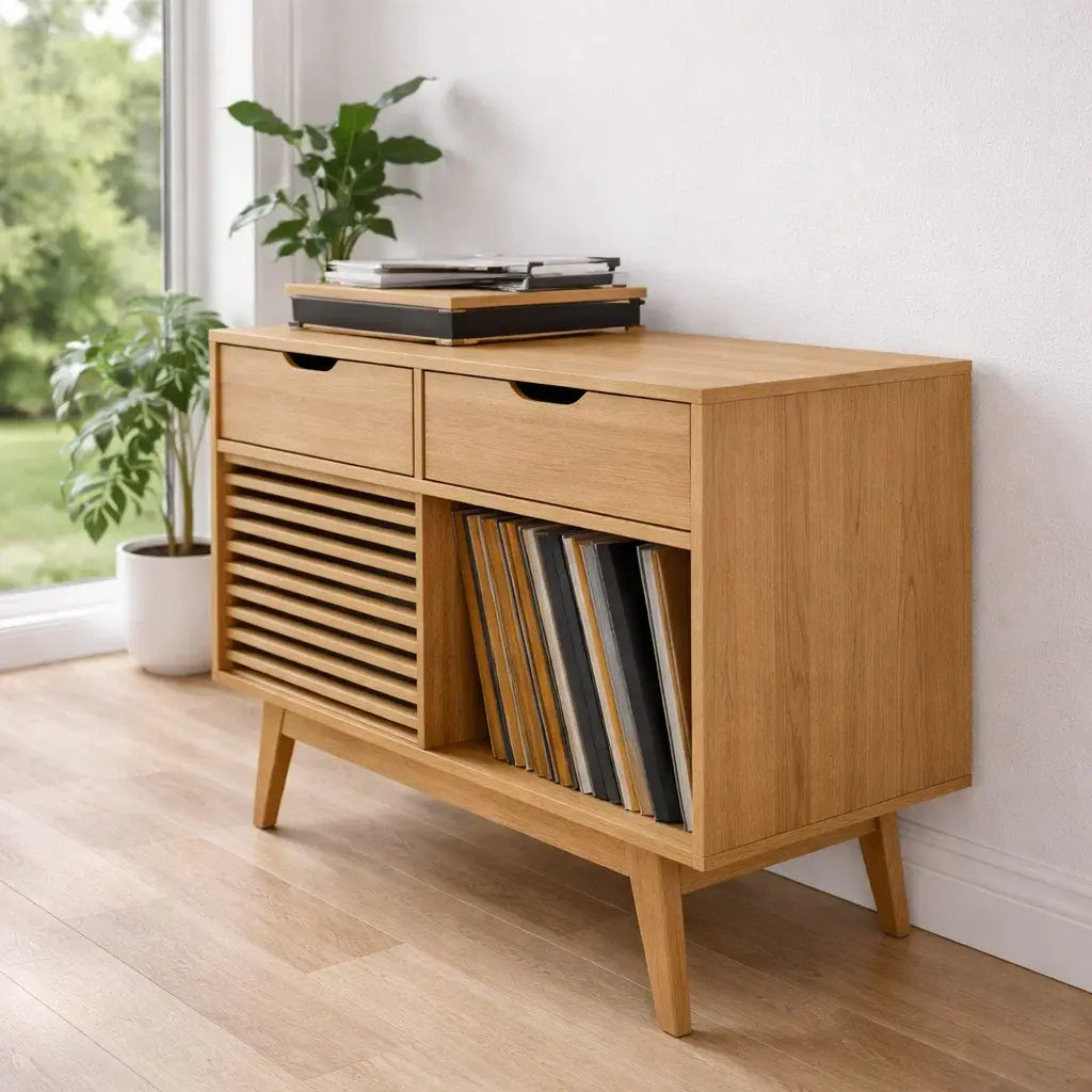 Modern Console Table with Drawers, Sliding Door & Open Storage Lynnsnail
