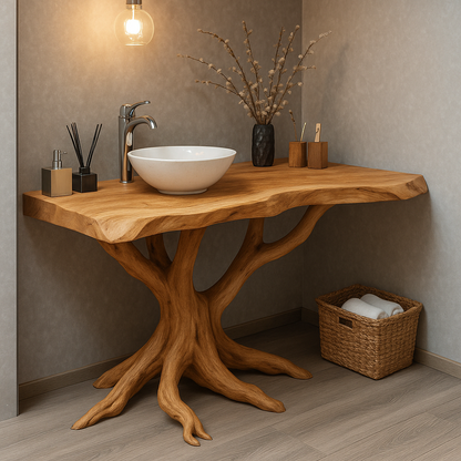 Handcrafted Solid Wood Bathroom Vanity – Sculptural Tree Root Design with Natural Live Edge Lynnsnail