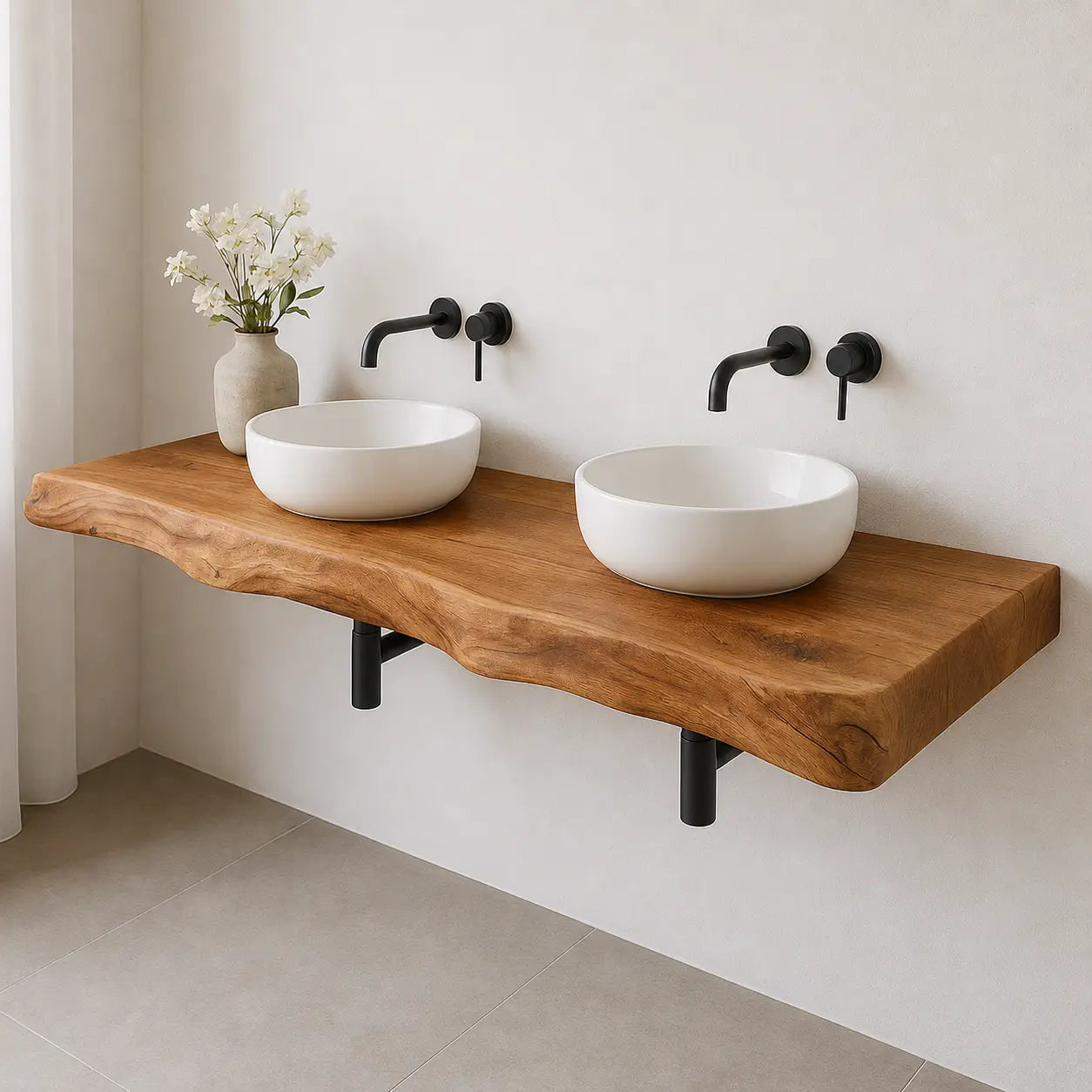 Double Sink Live Edge Vanity Shelf | Solid Wood Floating Bathroom Counter Lynnsnail