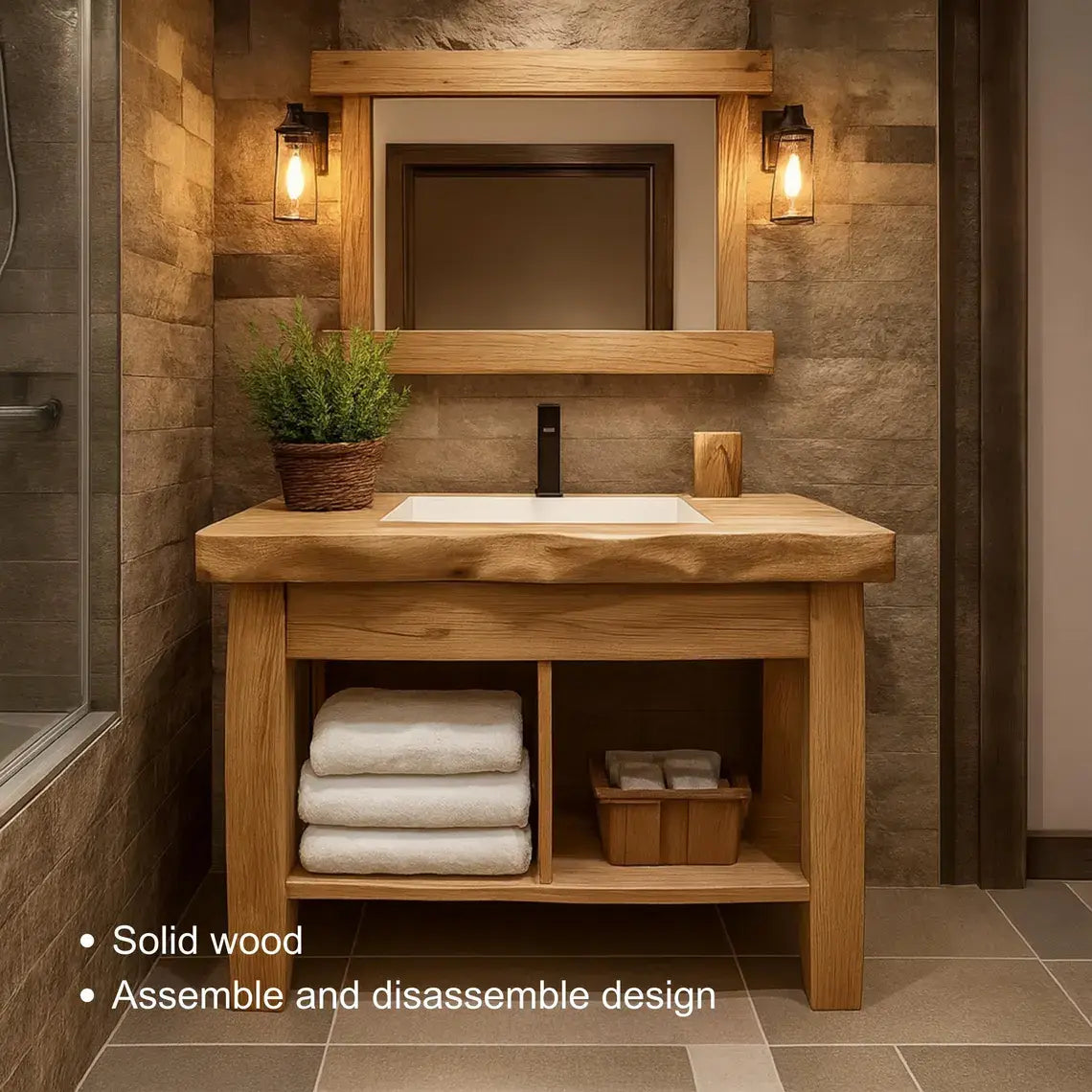 Handcrafted Solid Wood Bathroom Vanity with Natural Live Edge and Open Shelf Rustic Design Lynnsnail