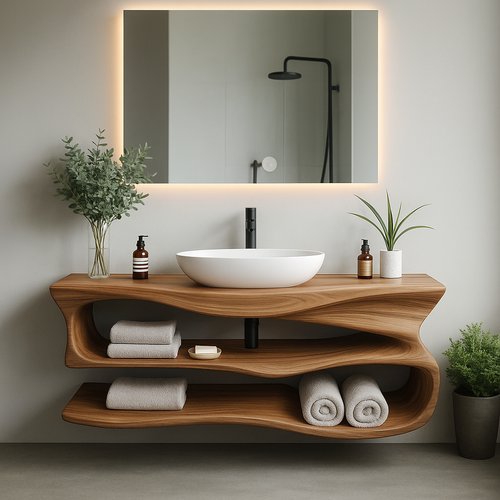 Handcrafted Solid Wood Floating Vanity – Modern Sculptural Bathroom Sink Shelf Lynnsnail