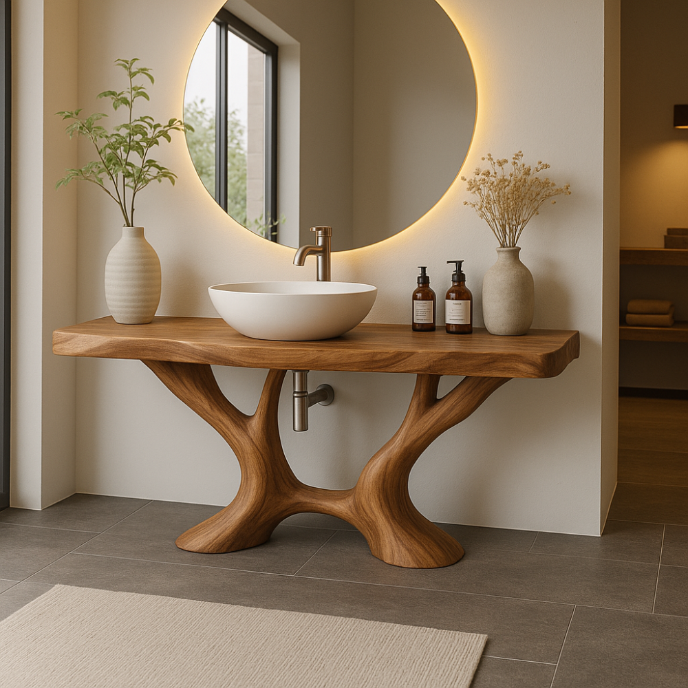 Handcrafted Solid Wood Bathroom Vanity with Artistic Branch Base – Modern Organic Bathroom Design Lynnsnail