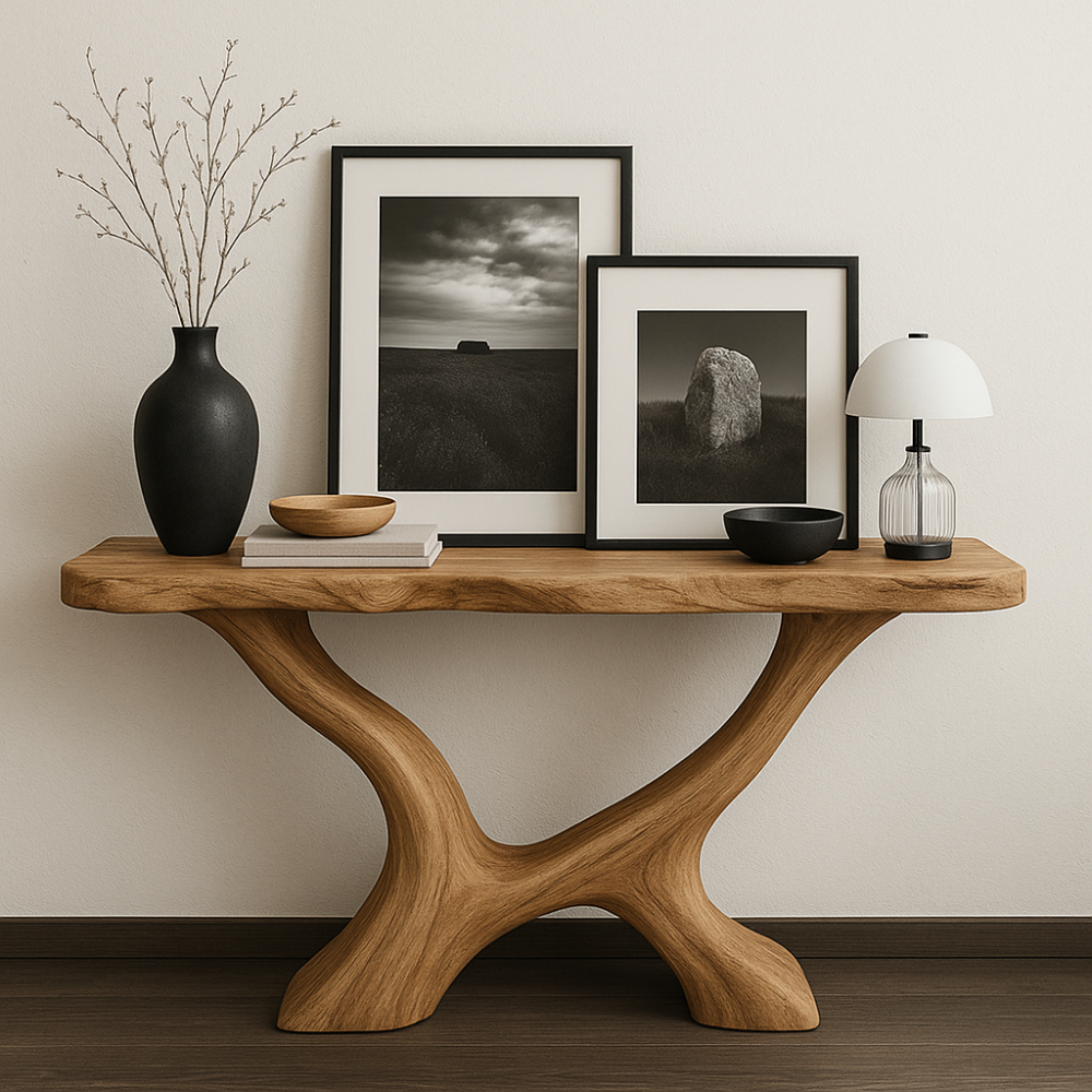 Handcrafted Solid Wood Console Table with Sculptural Base – Modern Organic Entryway Design Lynnsnail