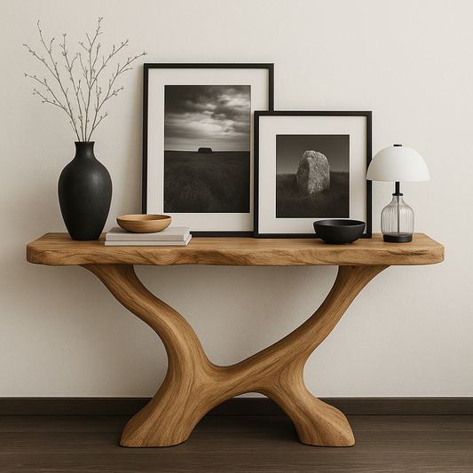 Handcrafted Solid Wood Console Table with Sculptural Base – Modern Organic Entryway Design Lynnsnail