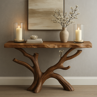 Handcrafted Solid Wood Console Table with Organic Tree Design – Modern Natural Home Décor Lynnsnail