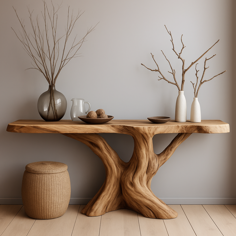 Handcrafted Solid Wood Console Table with Natural Tree Trunk Design – Organic Modern Furniture Lynnsnail