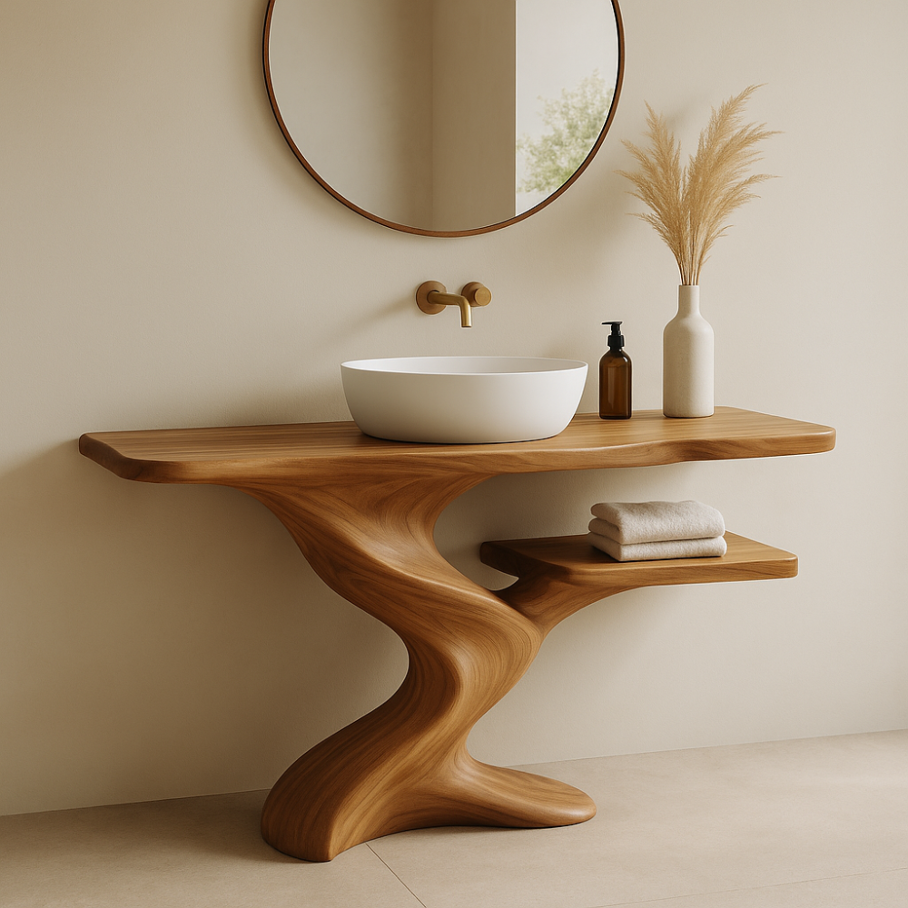 Handcrafted Solid Wood Bathroom Vanity with Organic Wave Design – Modern Minimalist Style Lynnsnail