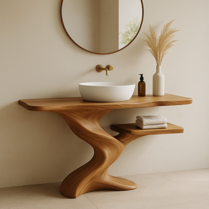 Handcrafted Solid Wood Bathroom Vanity with Organic Wave Design – Modern Minimalist Style Lynnsnail