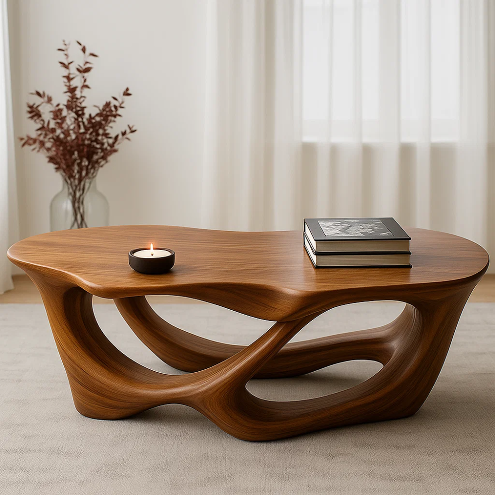 Handcrafted Solid Wood Coffee Table with Fluid Organic Form – Modern Sculptural Centerpiece Lynnsnail
