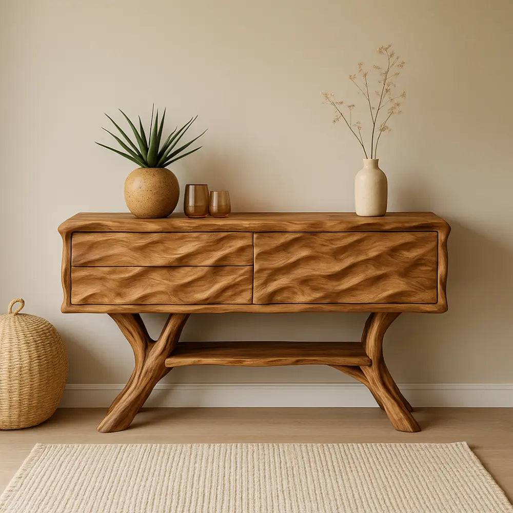 Handcrafted Solid Wood Console Table with Wave Texture Design – Modern Organic Furniture Lynnsnail