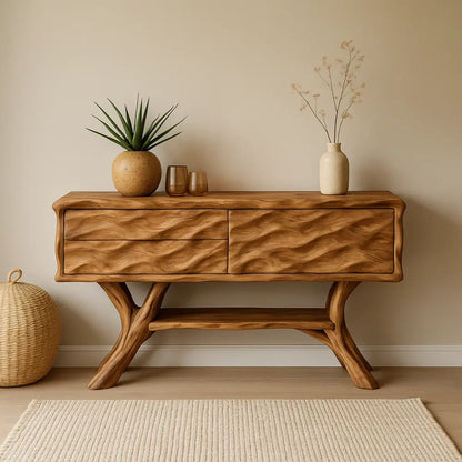 Handcrafted Solid Wood Console Table with Wave Texture Design – Modern Organic Furniture Lynnsnail