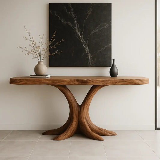 Handcrafted Solid Wood Console Table with Root-Inspired Base – Organic Modern Entryway Lynnsnail