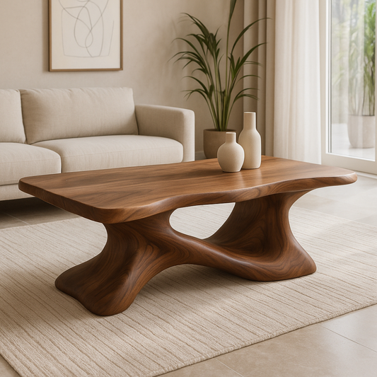 Handcrafted Solid Wood Coffee Table – Sculptural Modern Design with Organic Flowing Form