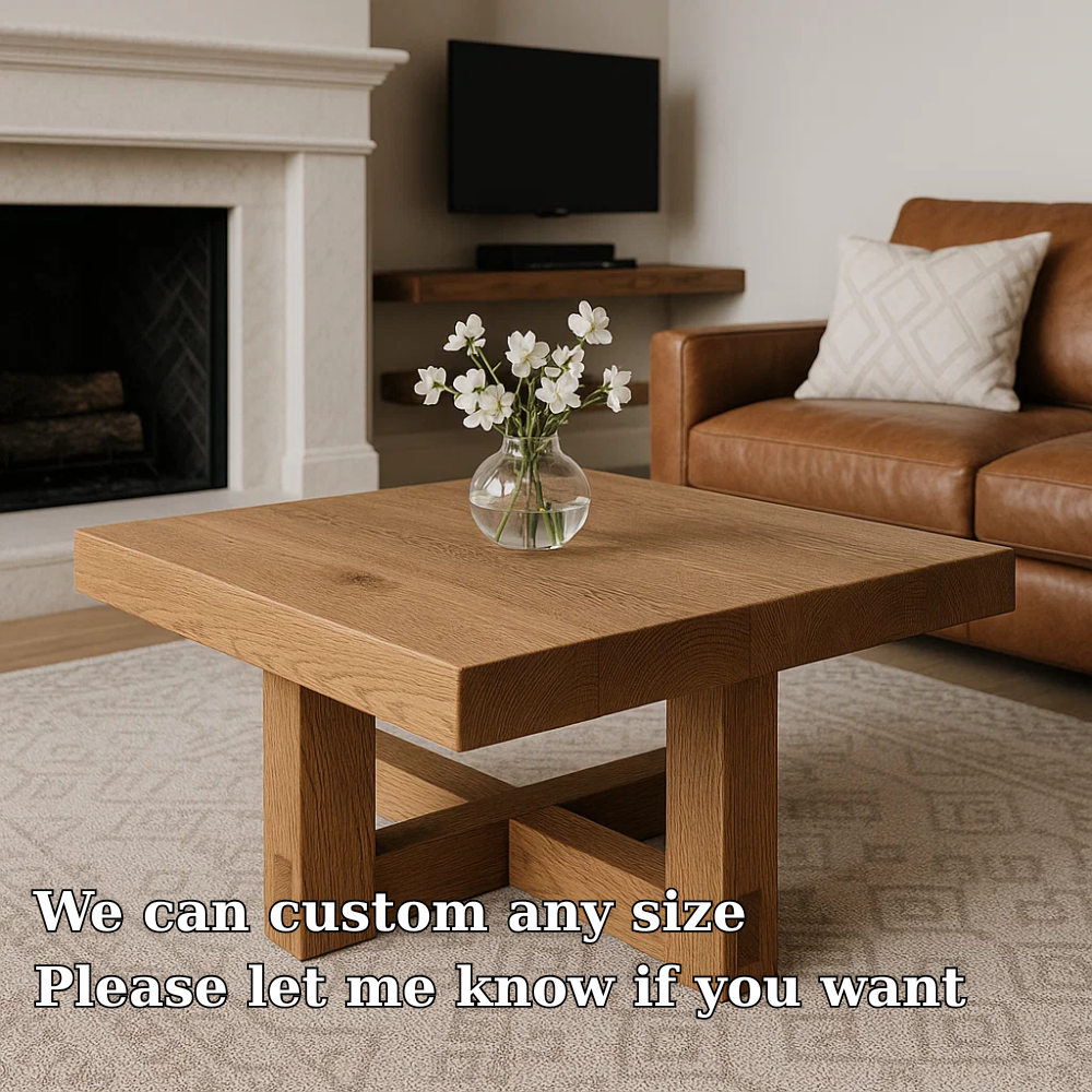 Handcrafted Solid Wood Coffee Table – Modern Minimalist Square Design with Cross Base Lynnsnail