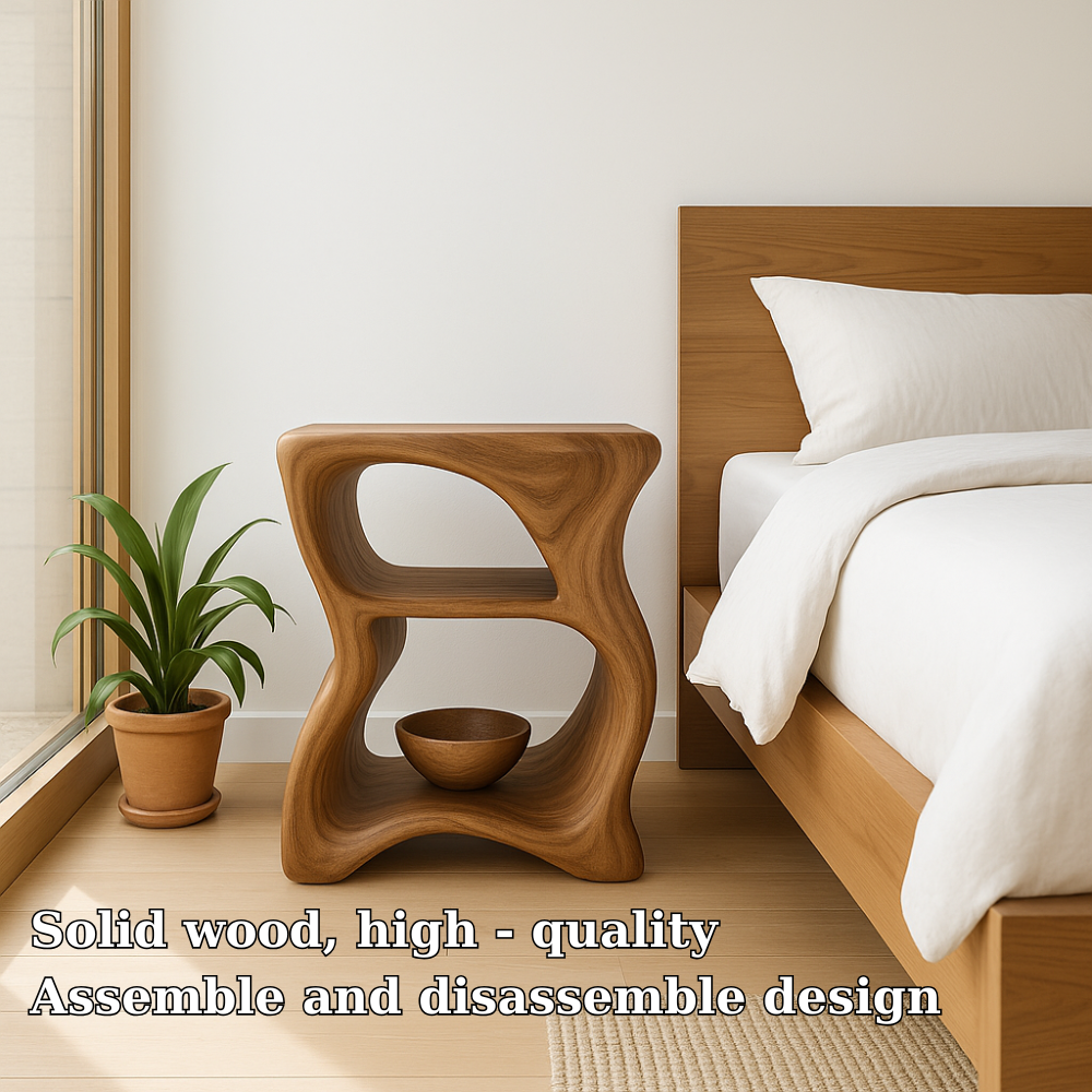 Handcrafted Solid Wood Nightstand – Modern Sculptural Bedside Table with Open Shelves Lynnsnail