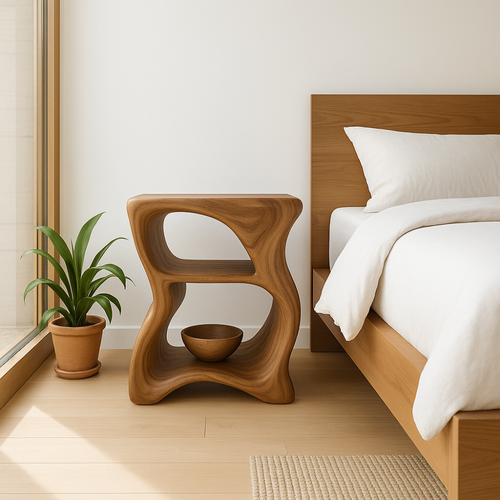 Handcrafted Solid Wood Nightstand – Modern Sculptural Bedside Table with Open Shelves Lynnsnail