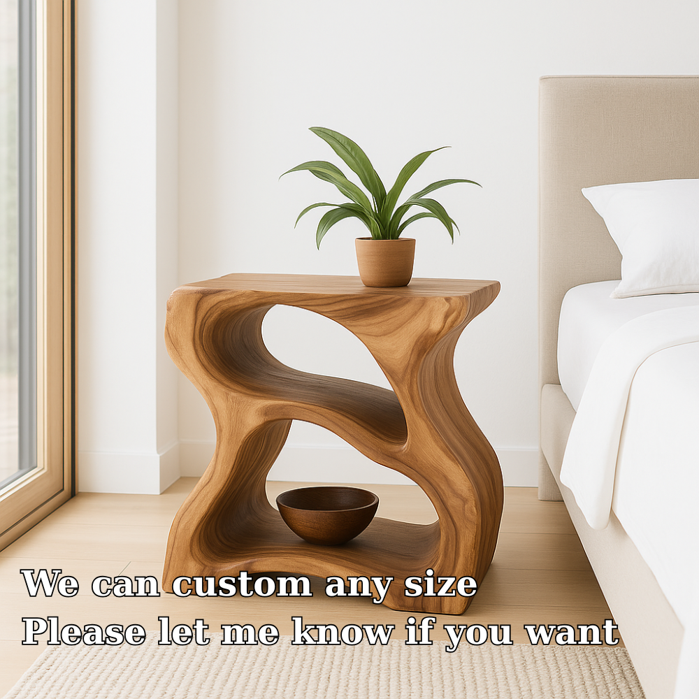 Handcrafted Solid Wood Nightstand – Modern Sculptural Bedside Table with Open Storage Lynnsnail