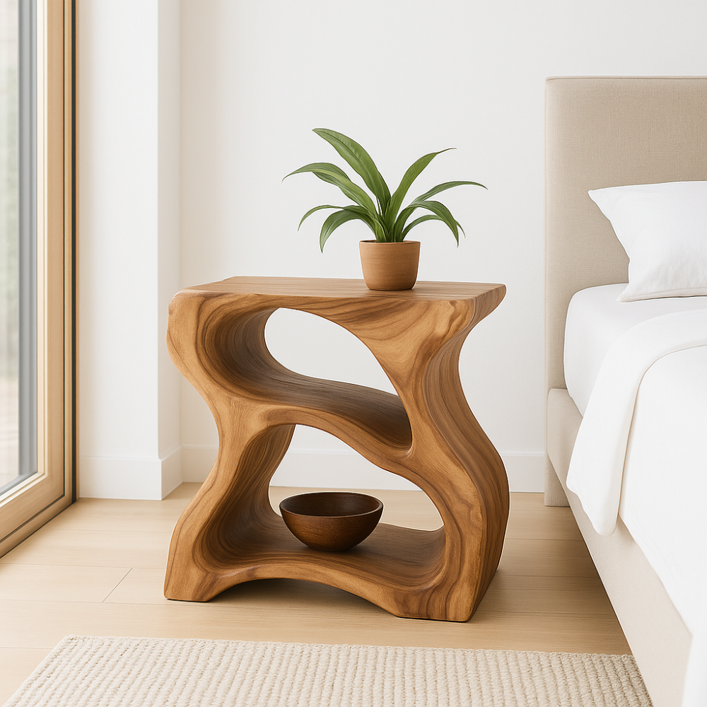 Handcrafted Solid Wood Nightstand – Modern Sculptural Bedside Table with Open Storage Lynnsnail