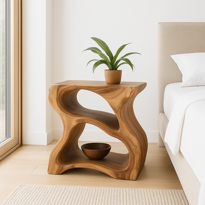 Handcrafted Solid Wood Nightstand – Modern Sculptural Bedside Table with Open Storage Lynnsnail
