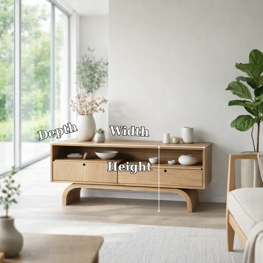 Modern Low Console Table with Drawers & Open Shelf