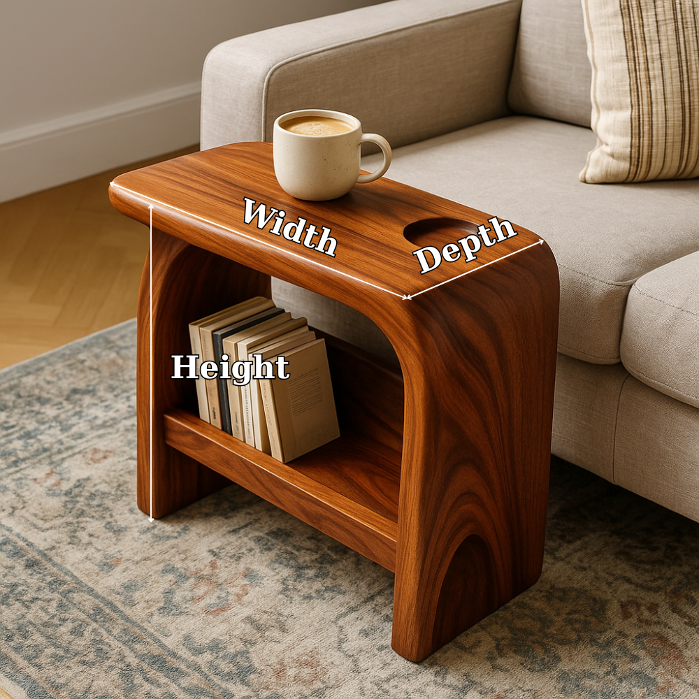 Handcrafted Solid Wood Armrest Table with Storage Shelf – Sculpted Organic Design Lynnsnail