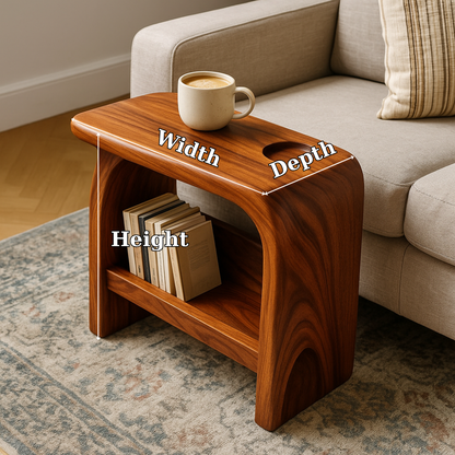 Handcrafted Solid Wood Armrest Table with Storage Shelf – Sculpted Organic Design Lynnsnail