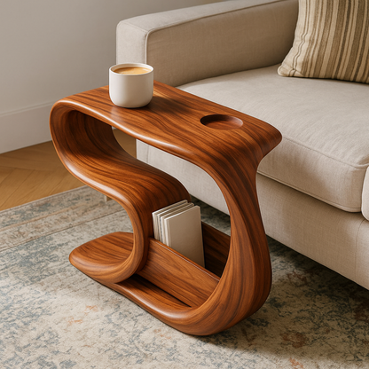 Handcrafted Solid Wood Armrest Table – Sculpted Organic Side Table with Storage Shelf Lynnsnail