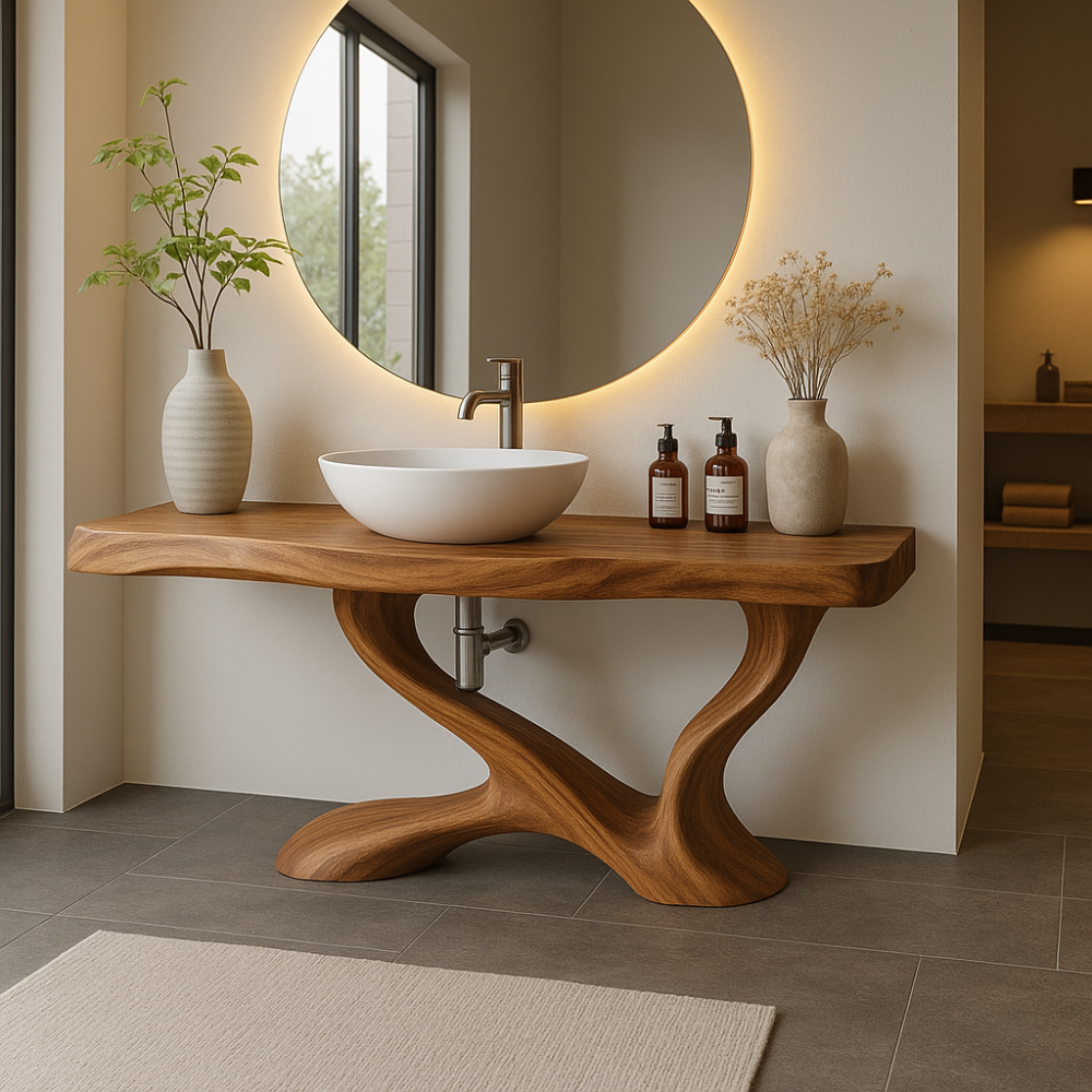 Handcrafted Solid Wood Bathroom Vanity with Sculptural Base – Modern Organic Bathroom Design Lynnsnail
