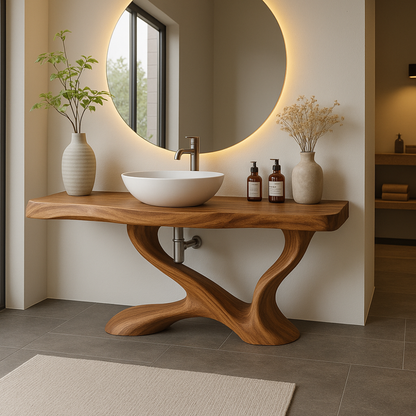 Handcrafted Solid Wood Bathroom Vanity with Sculptural Base – Modern Organic Bathroom Design Lynnsnail