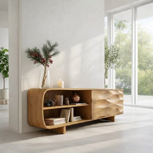 Modern Console Table with Curved Frame & Carved Front Panel