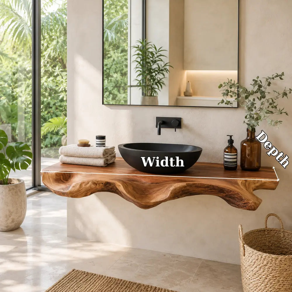Sculptural Live Edge Vanity Shelf | Modern Solid Wood Floating Bathroom Lynnsnail