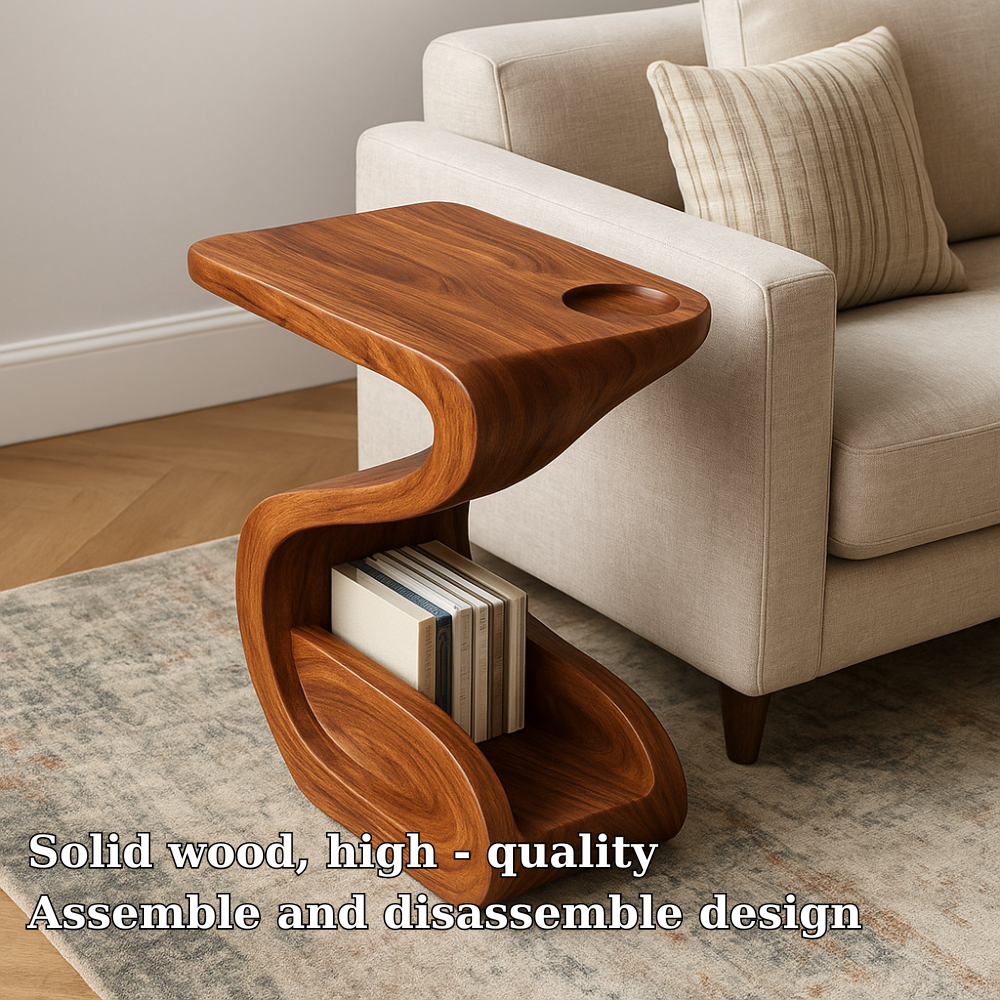 Handcrafted Solid Wood Armrest Table with Sculpted Curve Design and Storage Shelf Lynnsnail