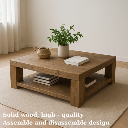 Handcrafted Solid Wood Coffee Table – Rustic Minimalist Square Center Table with Open Shelf for Japandi or Modern Living Room Lynnsnail