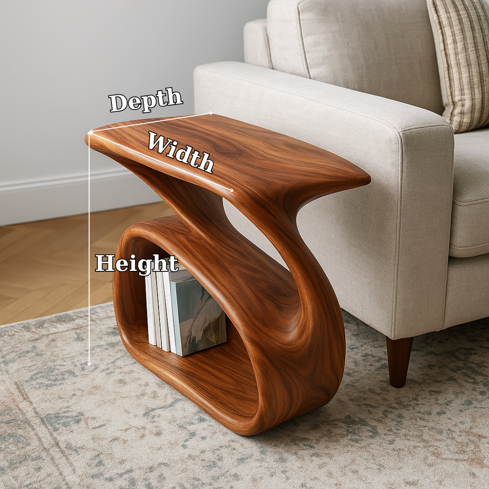 Handcrafted Solid Wood Armrest Table – Organic Curved Sofa Side Table with Storage Shelf Lynnsnail